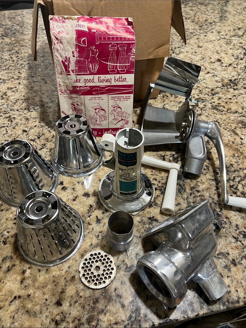 Vintage Kitchen Meat Grinder & Vegetable Slicer Attachment Set - Chrome